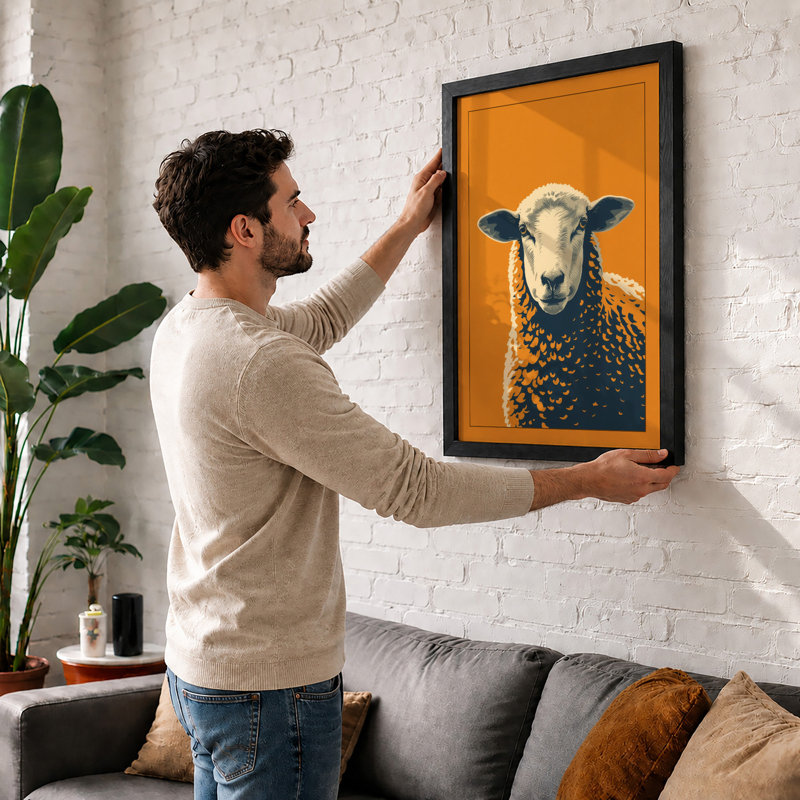 Warm Gaze Sheep Modern - Framed Print, A2 - 59.4 x 42.0 cm, Black