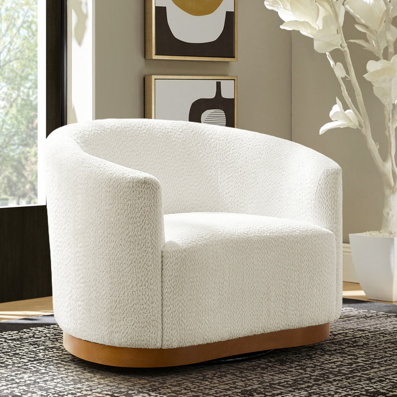 Fauteuil demi-tonneau pivotant en chenille avec dossier ergonomique et pieds en bois massif de 31,5 po Berklie, Ivoire ivoire