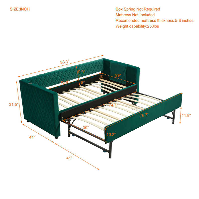 Velvet daybed, sturdy wooden bed frame, modern diamond grid pull-out design, perfect for bedroom, living room furniture