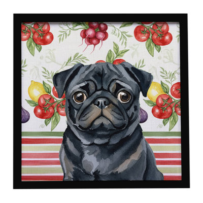 Black Pug Vegetables Framed Metal Print