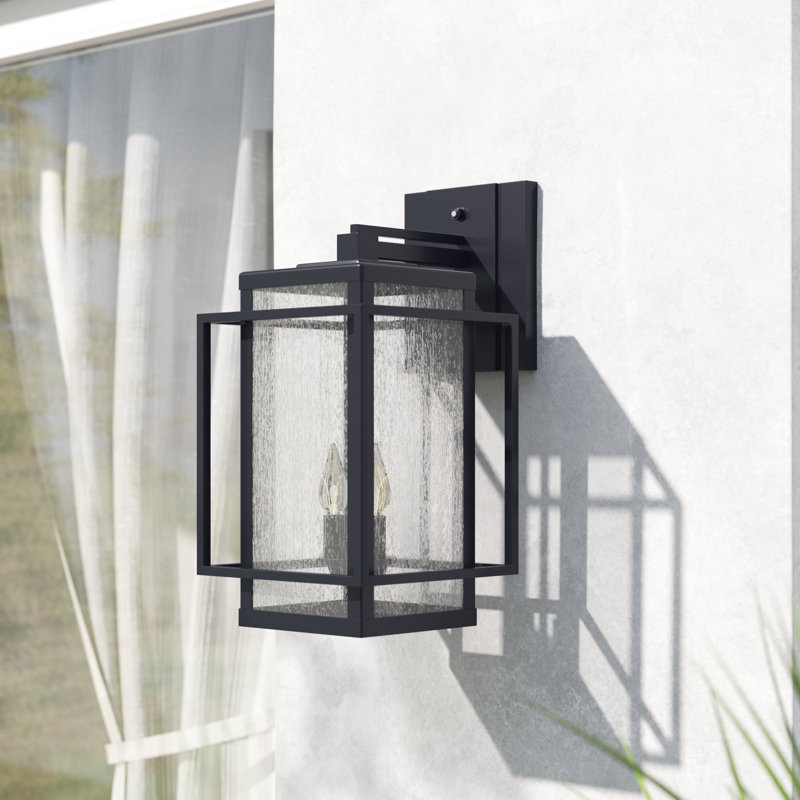 Stumbaugh 18.5 in. H 3-Light Espresso Bronze Dusk to Dawn Sensor Mission Outdoor Wall Sconce, Durable Steel, Clear Seeded Glass Shade, LED Compatible, Exterior Porch Patio Front Door or Garage