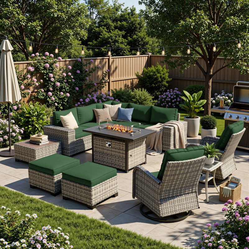 12-Piece Outdoor Modular Sectional Patio Conversation Set With Fire Pit Table, Swivel Rocker Chairs & Ottomans, Forest Green