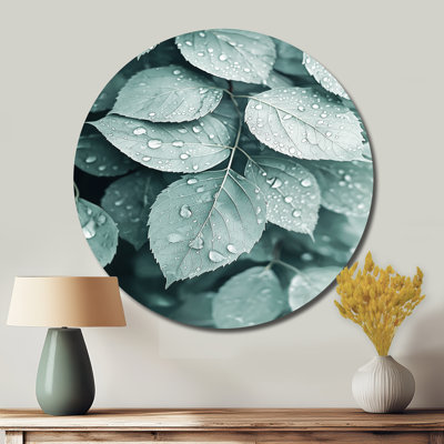 Rainy Day Leaves Collage II - feuilles rondes, art mural en métal vert traditionnel