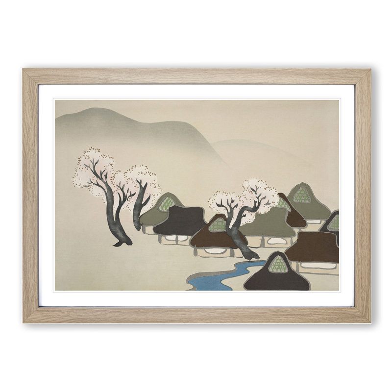 Village with Cherry Blossoms by Kamisaka Sekka - Picture Frame Painting, 27cm H x 36cm W x 2cm D, Oak