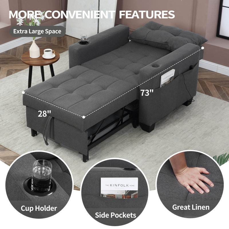 Fauteuil convertible de 36,6 po de largeur avec porte-gobelets et poches latérales, Lin gris