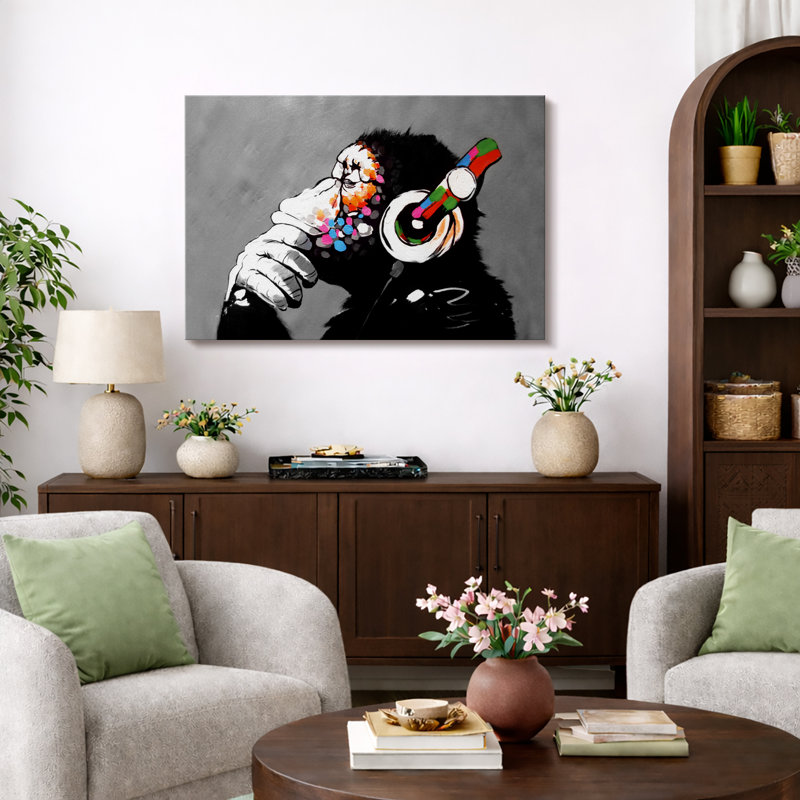 Pop Urban Street "Banksy Thinge Monkey With Head écouters, H 32 po x l 48 po, Toile tendue, Sans cadre