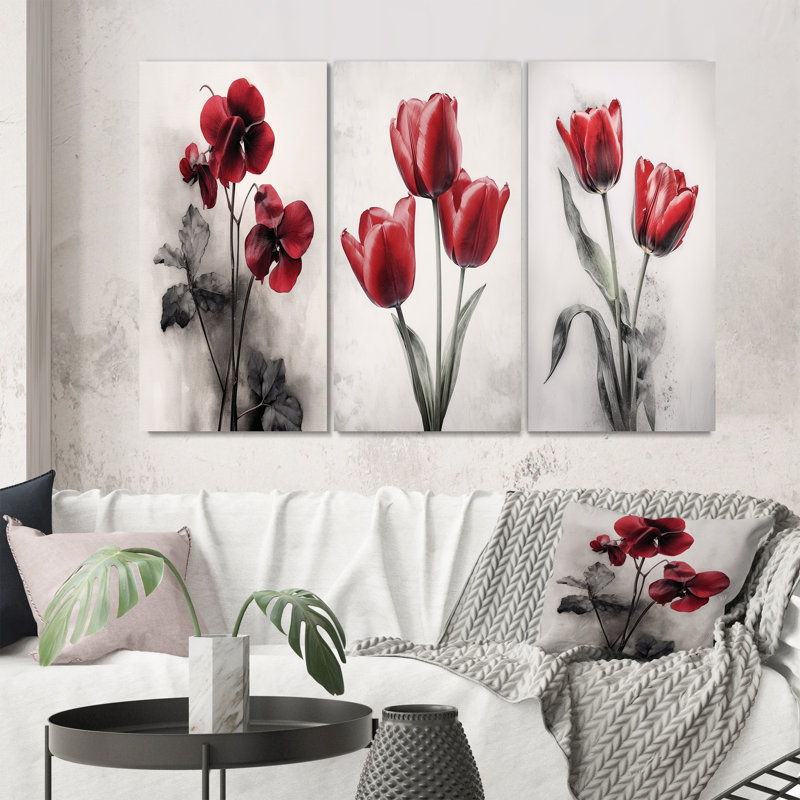 «Red Violets Dreamer», 3 pièces sur toile, H 28 po x l 36 po, Toile tendue