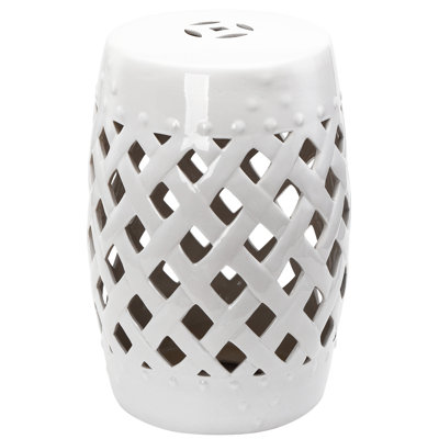 Tabouret de patio en céramique avec surface vernie, 13 po x 18 po, blanc, tissé, siège de terrasse élégant de 13 po x 18 po