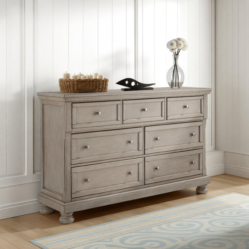 Grande commode Ryno, 7 tiroirs, plateau coulissant, boutons ronds argentés, gris