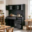 Armoire de rangement autoportante en forme de W à buffet noir avec 6 tiroirs, 5 armoires avec tablettes réglables, panneau arrière, porte-serviettes et prise de courant