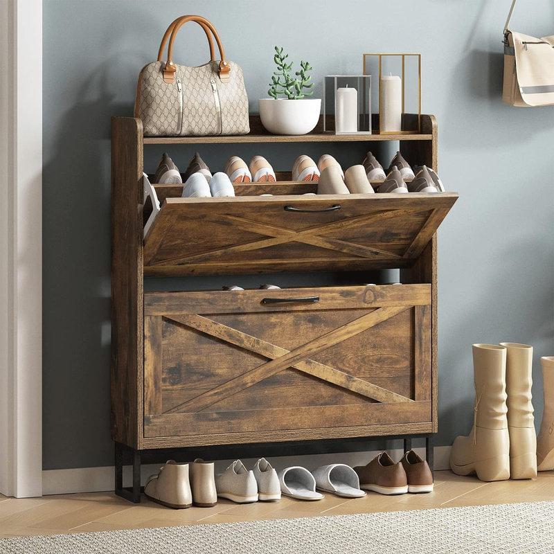 Rustic Brown Wood Shoe Storage Cabinet with Flip Drawers