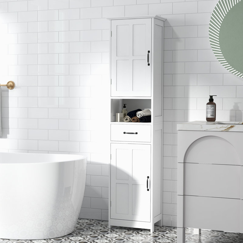 Bathroom Linen Cabinet Storage - Tall Slim With Open Shelf, Drawer, Recessed Doors & Adjustable Shelves, White Tower