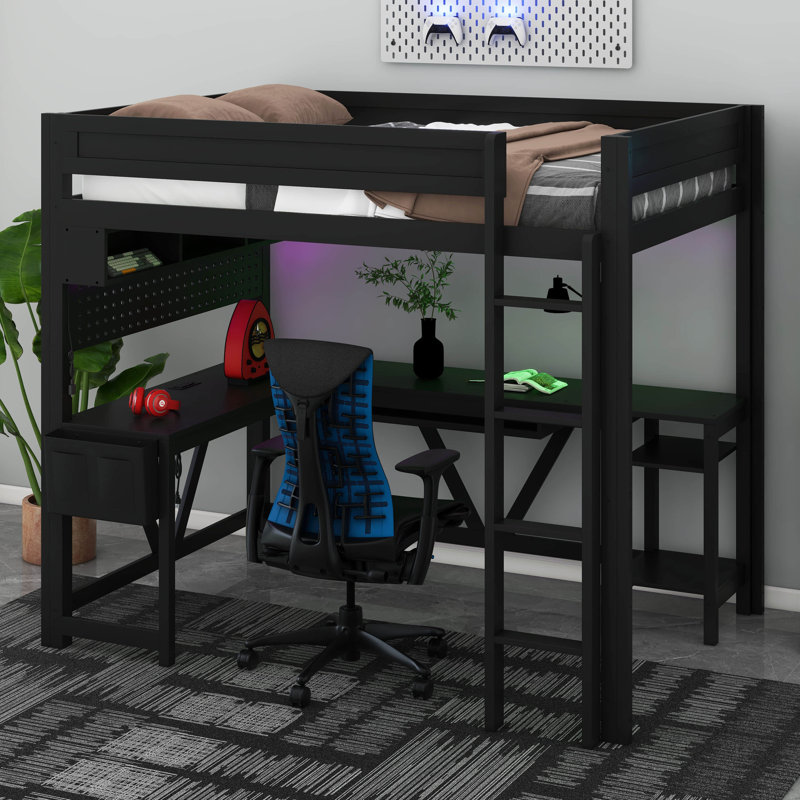 Lit mezzanine moderne en bois pleine grandeur avec bureau intégré, station de charge, lumière DEL, tablette de rangement, organisateur en tissu et rails de sécurité