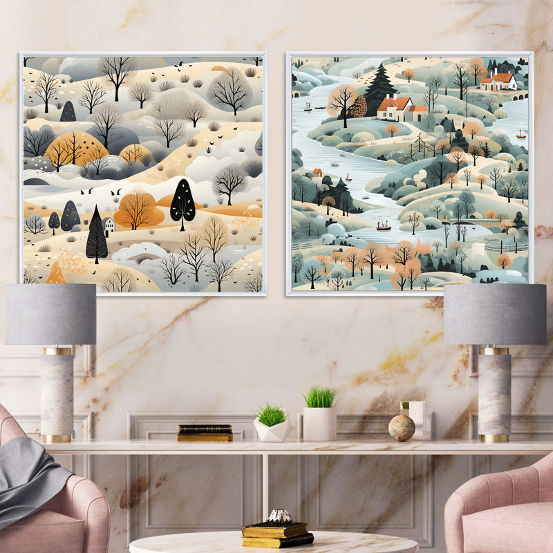 Winter Winter Scandinavian Landscape II - ensemble de 2 collage de paysage carré, Cadre flottant blanc, H 30 po x l 61 po