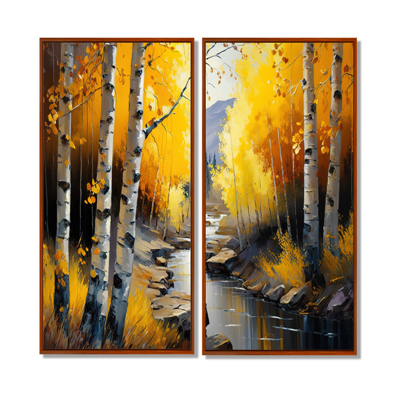 Chemin dans la forêt jaune IV - art mural traditionnel vert 2 pièces, H 40 po x l 40 po, Brun