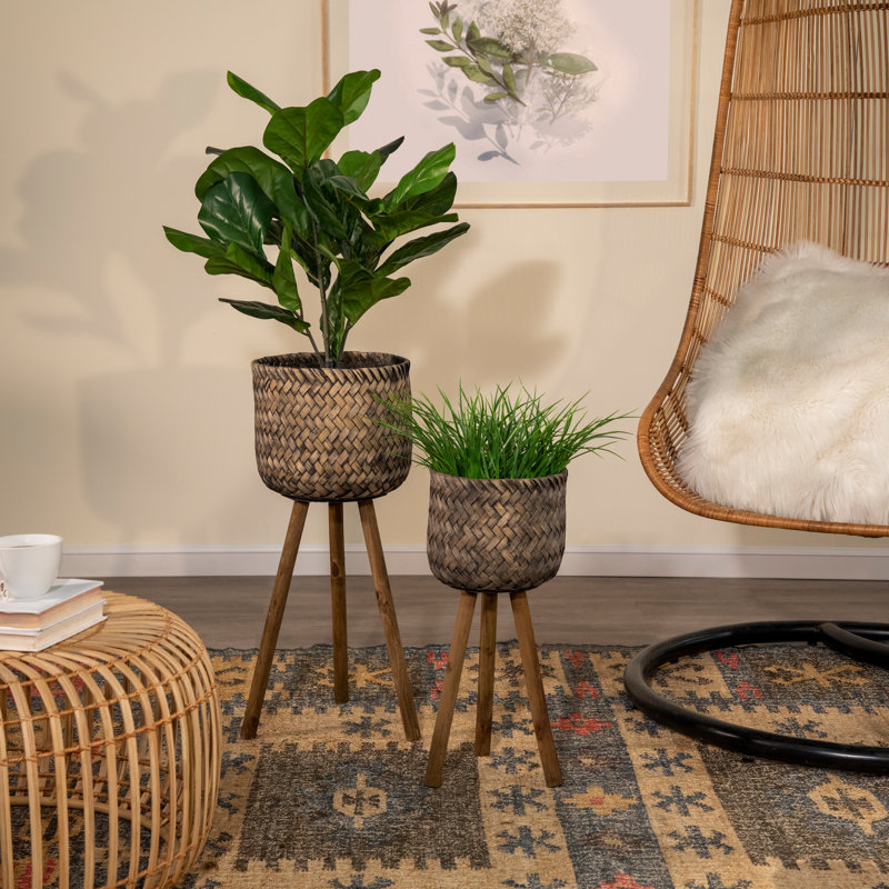 Handwoven Bamboo and Pine Wood Planters with Tripod Base, Decorative Woven Design, Durable Construction, Set of 3, 2 Piece