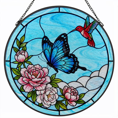 7.8"H Butterfly Hummingbird Stained Glass Window Panel