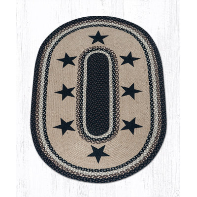  Black Stars Oval Patch Rug Hand-Braided Jute Rug with Primitive Americana Star Design in Rustic Earth Tones