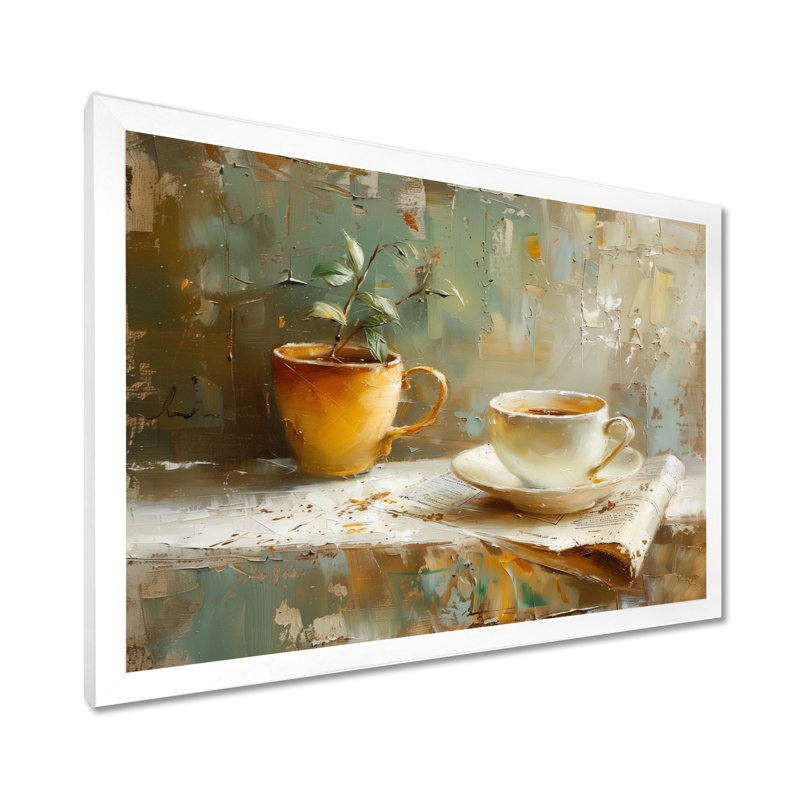 Tasse de café blanche et beige blanche - Art mural café, Cadre simple blanc, H 16 po x l 32 po