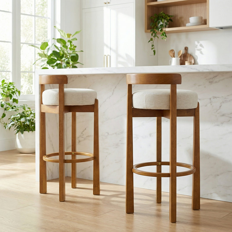 Elise Indoor Wooden Low Back Barstool, Walnut Finished And Ivory Upholstery, Set Of 2, Light Gray