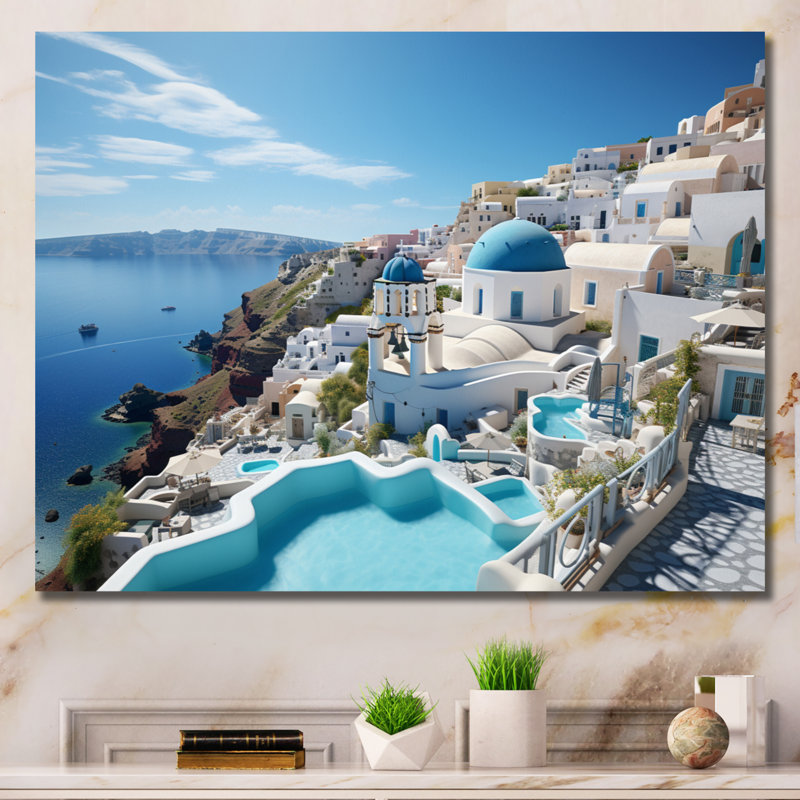 Grèce «Santorini Dreams I», art mural grand de Grèce, H 24 po x l 32 po x P 1 po, Toile tendue