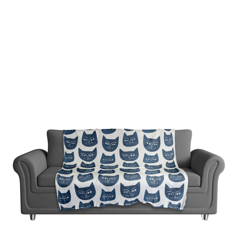 Hand Woven Throw Blanket, Navy/Cream Face Cat