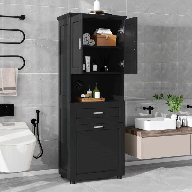70" H Tall Bathroom Cabinet With Laundry Basket With Doors And Open Storage Space, Upper Storage Cabinet For Bathroom, Black