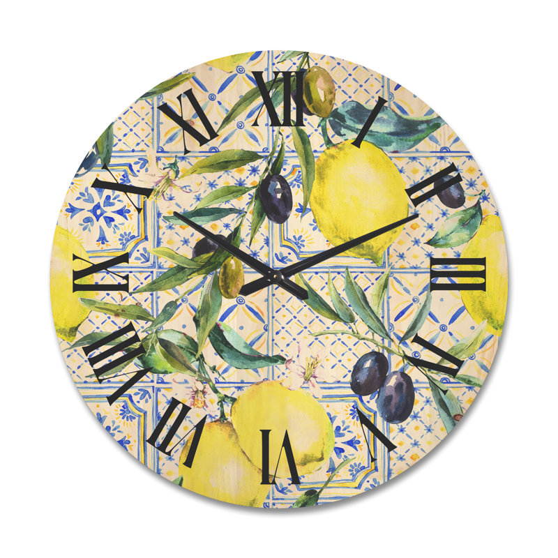 Horloge murale en bois ornement citron sur motif géométrique III, Grand