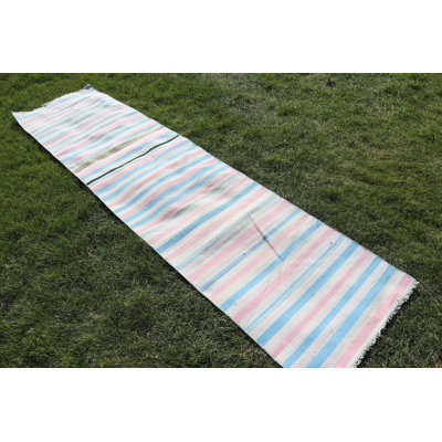Vintage Handmade Turkish Kilim Runner Rug in Striped Pastel Design for Hallway Decor