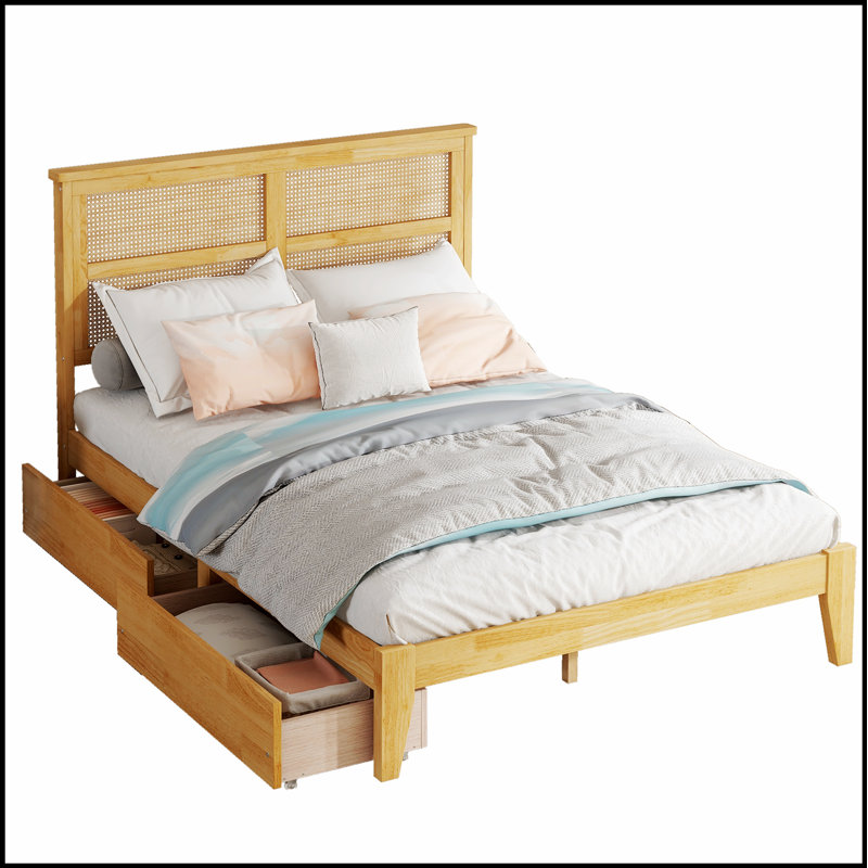 Tête de lit en rotin avec deux tiroirs de rangement, structure en bois d'hévéa durable et support amélioré, Chêne blanc