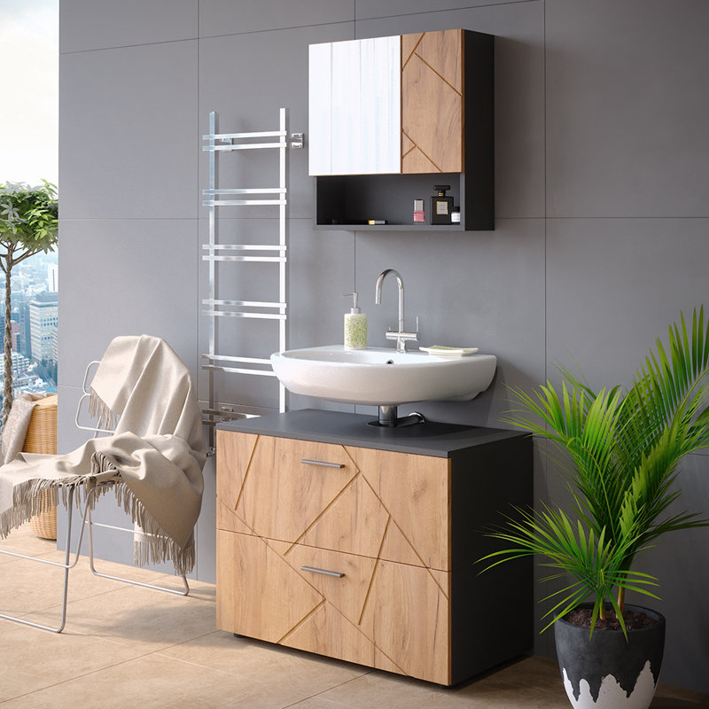 Biftu 80Cm Single Bathroom Vanity Base only, Anthracite/Oak