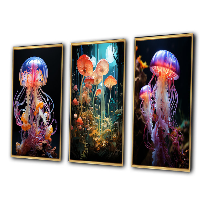 «Jellyfish Luminescent Beauty Pastoral», 3 pièces sur toile, Encadrement doré, H 20 po x l 36 po