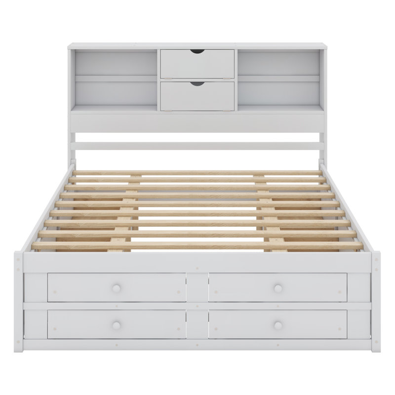 King Size Platform Bed with Storage Headboard and 8 Drawers, Solid Wood Construction, No Box Spring Needed, White, King