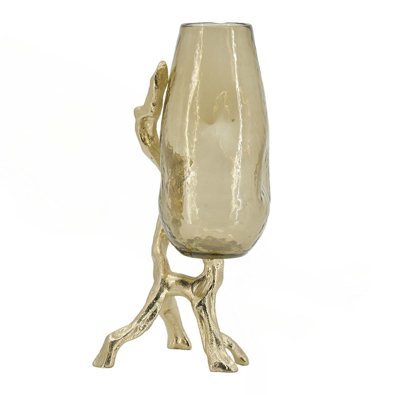 Vase en verre doré avec pieds en aluminium 9 x 7 x 18 po