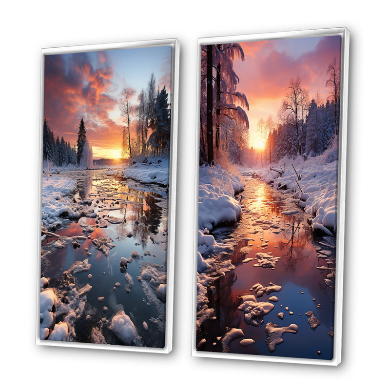 «Winter Sunset Snowfall», 2 pièces sur toile, Cadre blanc, H 40 po x l 40 po