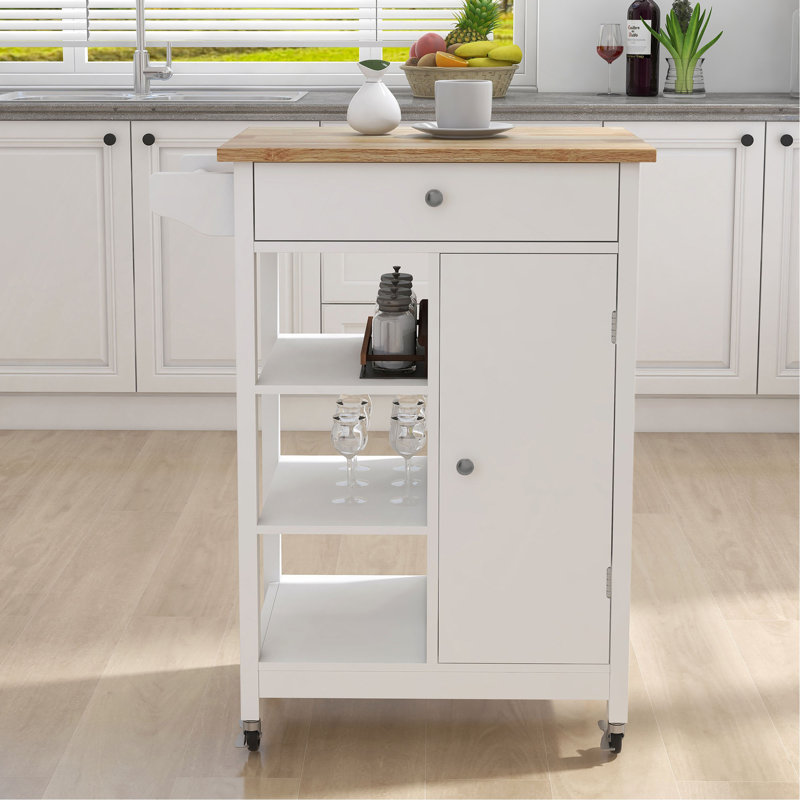 Îlot de cuisine avec chariot à roulettes avec tablettes réglables et plateau à serviettes en bois d'hévéa