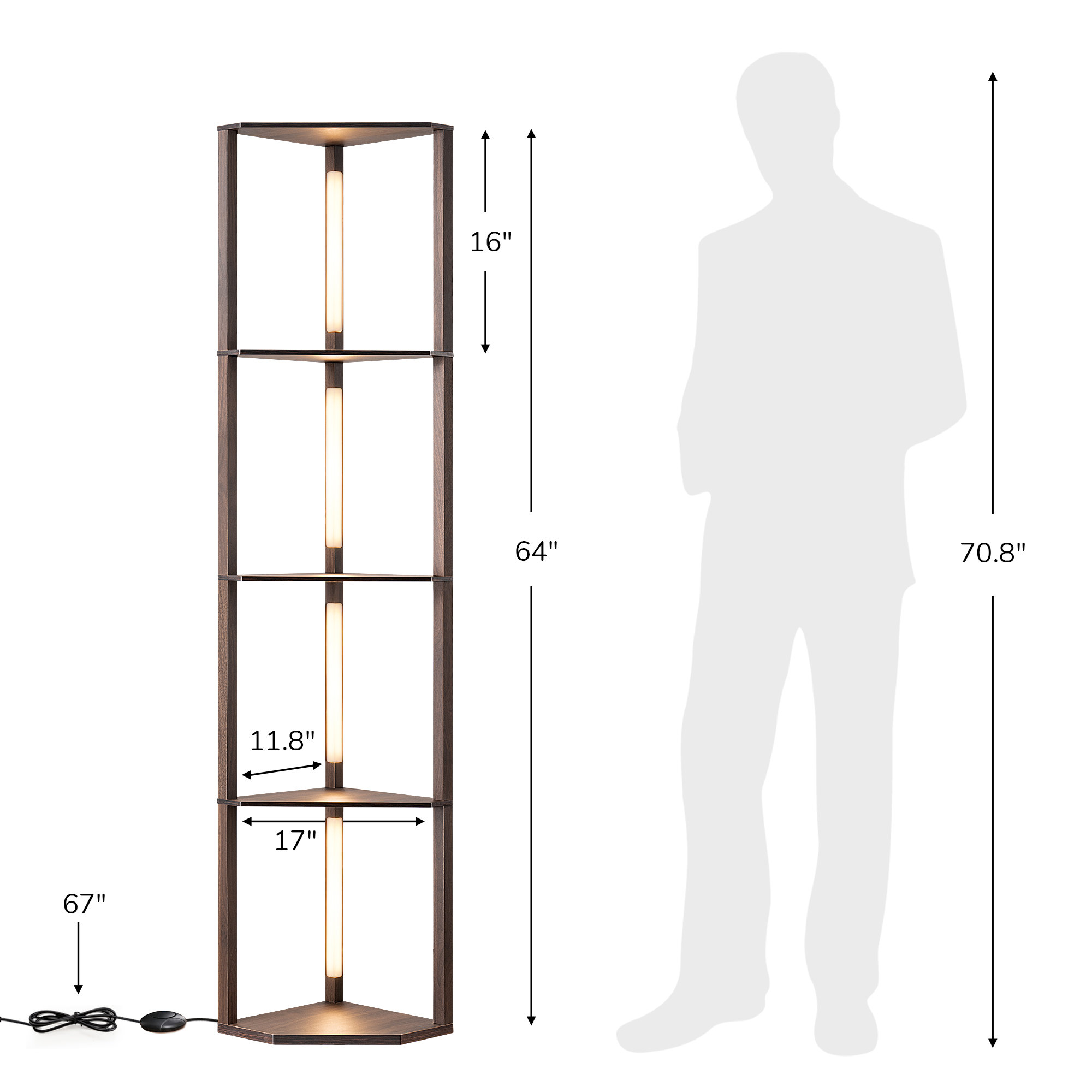 Carrye 64'' LED Dimmable Cornor Floor Lamp with Shelves