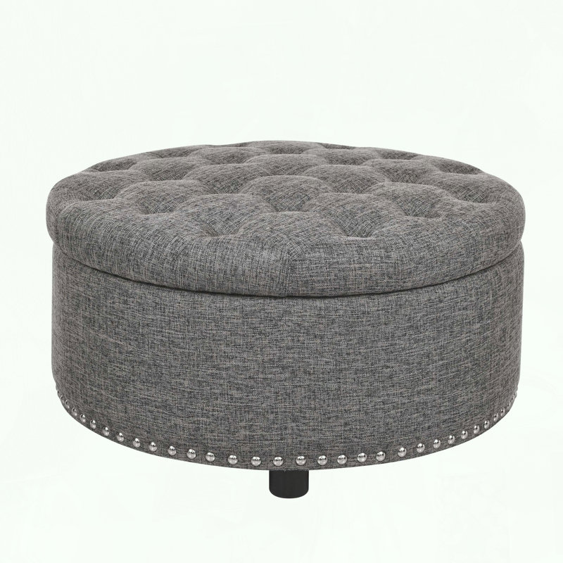 Tufted Storage Ottoman with Nailhead Trim, Linen, Dark Gray