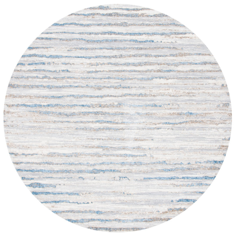 Minkley Striped Gray/Blue/Ivory Area Rug, Round 6'7"