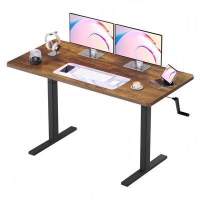 Crank Height Adjustable Desk, 55 Inches Manual Standing Desk, Writing Table With Handle, Home Office Desk
