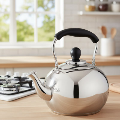 Bouilloire à sifflet ronde classique argentée, finition miroir 2,0 pte, de qualité alimentaire pour cuisinière