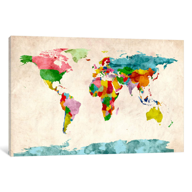 World Map Watercolors III by Michael Tompsett - 1 Piece Wrapped Canvas Painting, 30.48 cm H x 45.72 cm W
