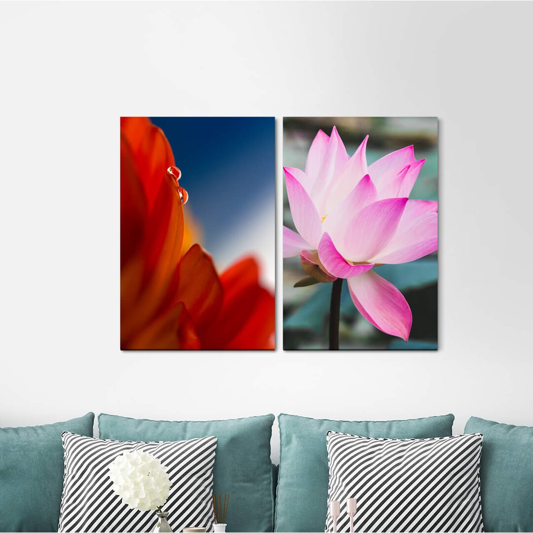 2-tlg. Leinwandbilder-Set - Fotografie „Flowers Blossoms Lotus Asia Water Drops Meditation Mindfulness”