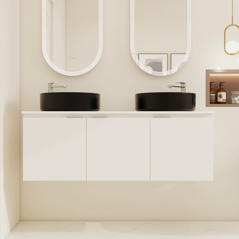  Ensemble de meuble-lavabo mural blanc moderne avec 3 portes et lavabo en céramique Dalmahoy, Noir