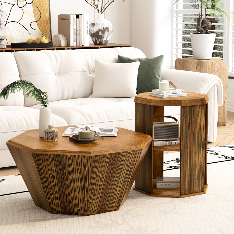 Ensemble de deux tables basses 31,5 "octogonales en bois d'hévéa naturel (seulement la table), Naturel