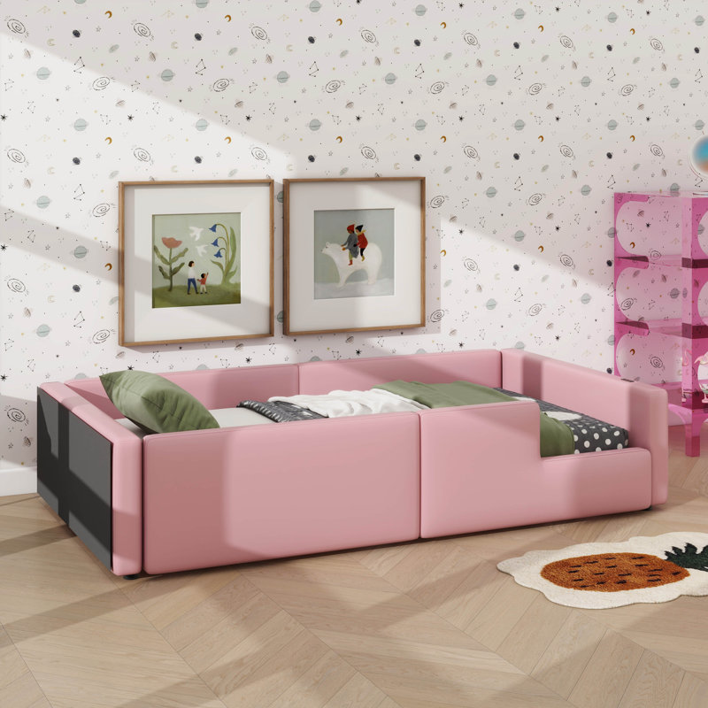 Twin Size Textile-Wrapped Platform Bed Equipped With Safety Rail And Integrated Charging Port