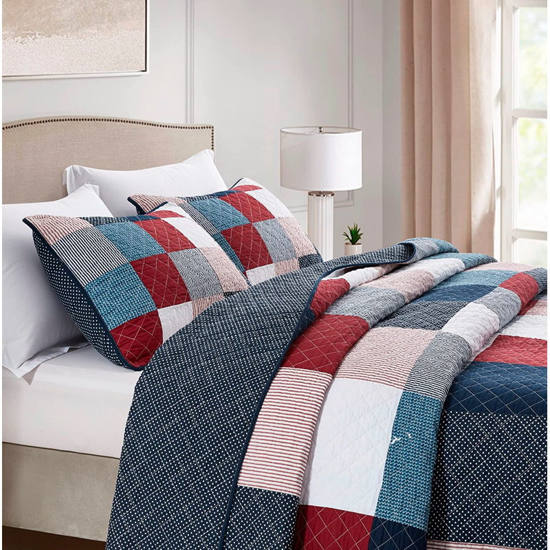  Pre-Washed Multicolor Patchwork Cotton Reversible Quilt Set, King Quilt + 2 King Shams