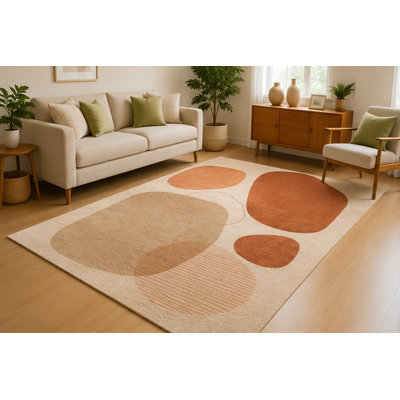 Tapis d'intérieur « Ultra Fin » 152 x 213 cm, motif galets abstraits, tons terreux, beige terracotta, doux et à poils courts, avec envers antidérapant en silicone. Parfait pour le salon, la chambre à coucher, la salle à manger ou le bureau.