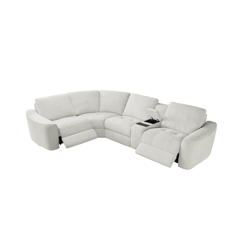 Upholstered Power Motion Modular 5-Piece 3-Recliner L-Sectional, Wireless Charging Storage Console, Beige Polyester