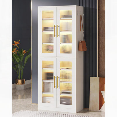 67" Tall Bookcase With Doors, LED And 8 Adjustable Shelves Storage Cabinet For Living Room